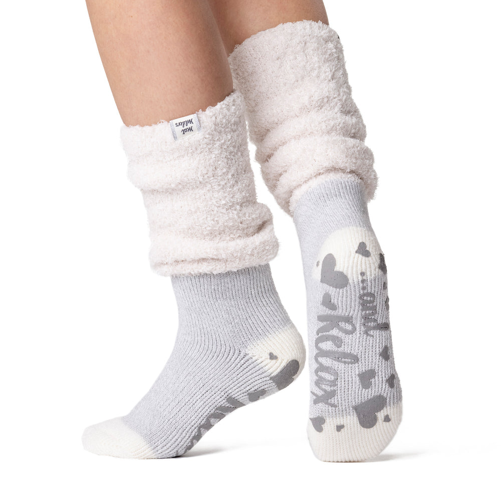 Calcetines de estar por casa originales para mujer con cómoda parte superior holgada - Crema hidra y plata